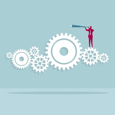 Bir teleskop holding iş adamı. Vites üzerinde duran. Arka plan mavi.