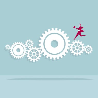 İşadamı vites üzerinde çalıştırın. Arka plan mavi.