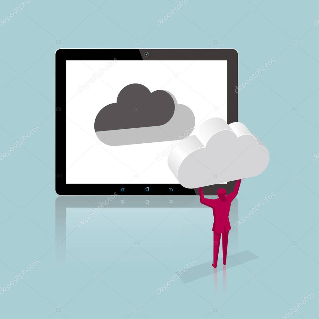 Businessman installs a cloud symbol. In the tablet.