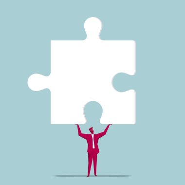 İşadamı bulmaca sembolü kadar tutar. Üzerinde mavi arka plan izole.