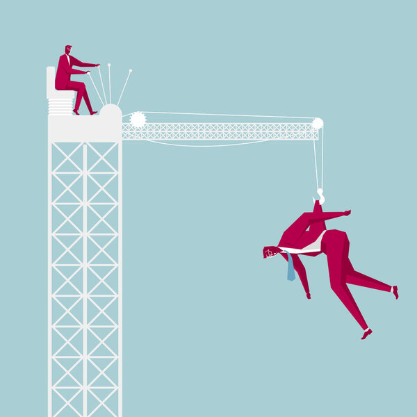 Lifting a human body through a tower crane. Isolated on blue background.