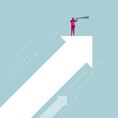 Bir teleskop holding iş adamı. oku. Arka plan mavi.