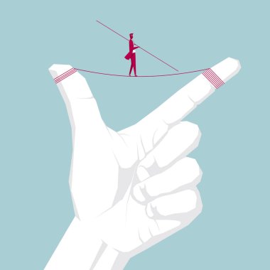 İşadamı ip başparmak ve işaret parmağı arasında yürüyor. Üzerinde mavi arka plan izole.