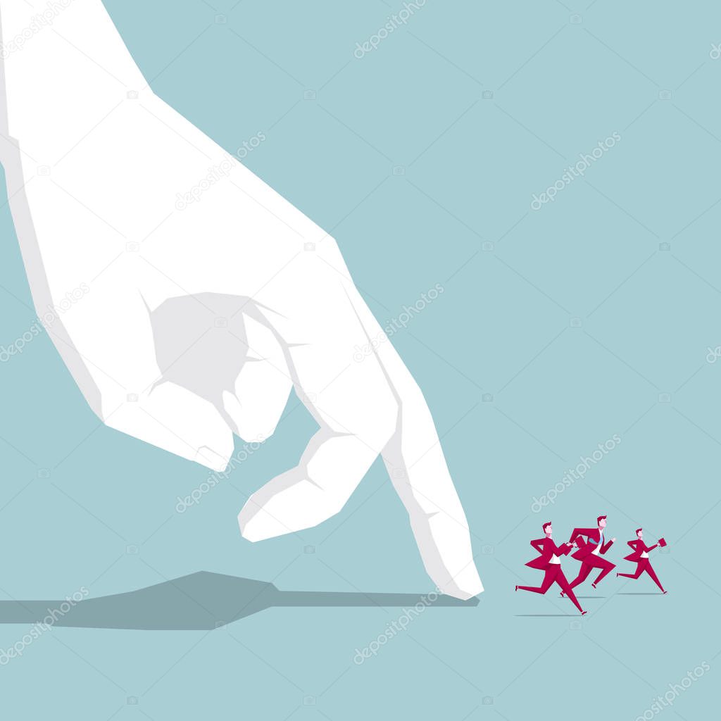 Businessman runs in front of huge fingers. Isolated on blue background.