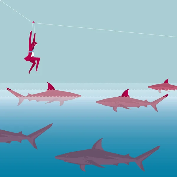 商人逃离鲨鱼围攻使用滑轮 — 图库矢量图片