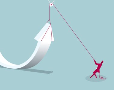 Bir makara ok simgesi kaldırma iş adamı. Üzerinde mavi arka plan izole.