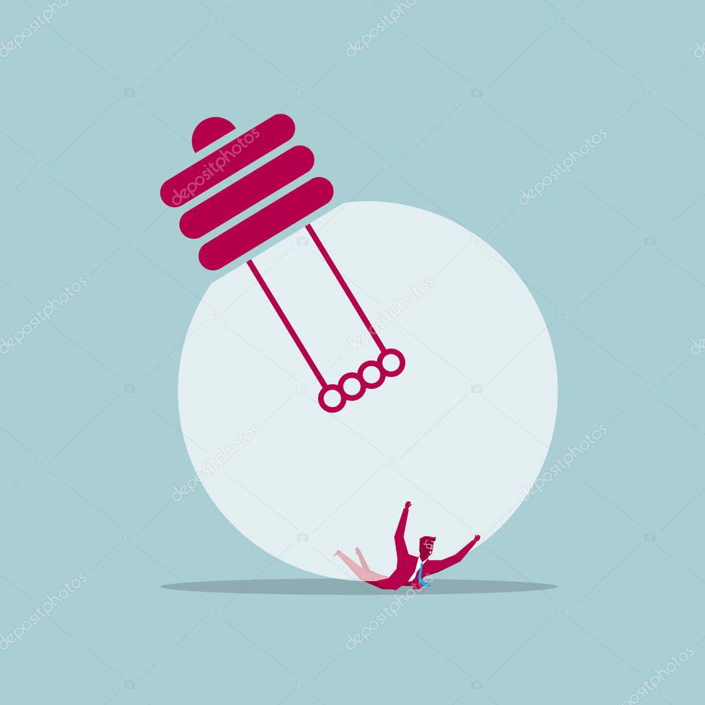 Businessman crushed beneath the lamp,background is blue.
