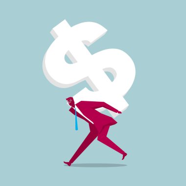 Büyük bir dolar işareti taşıyan bir iş adamı. Üzerinde mavi arka plan izole.