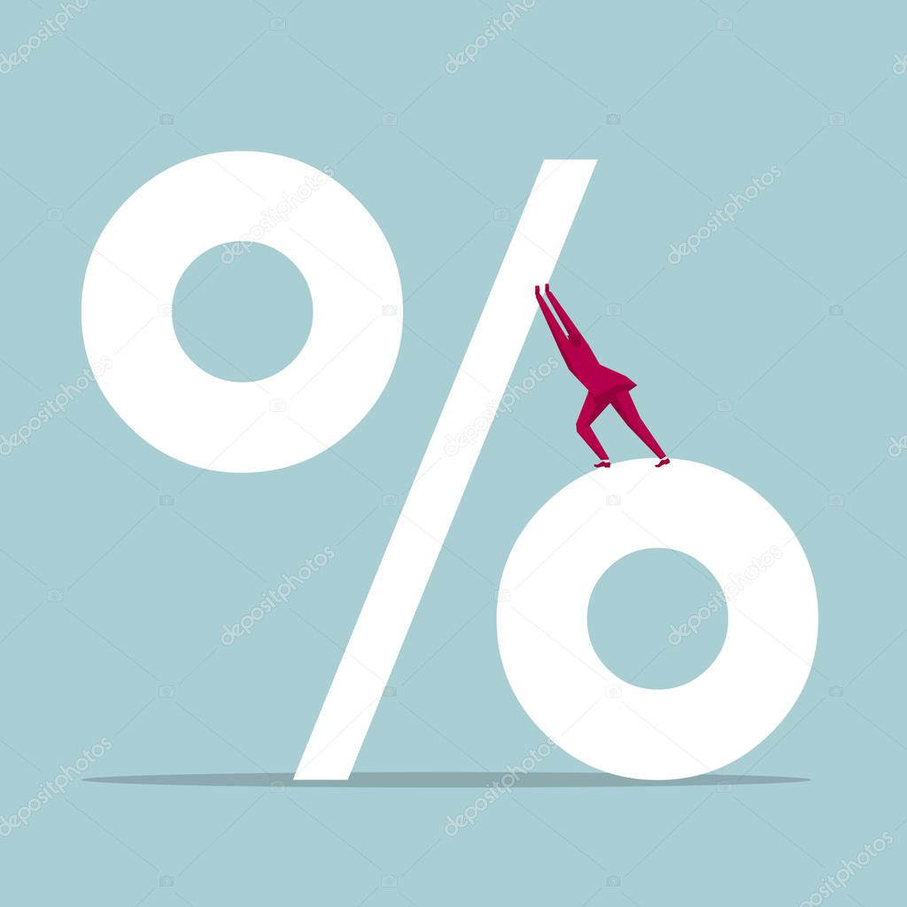 Businessman pushes percent sign. Isolated on blue background.