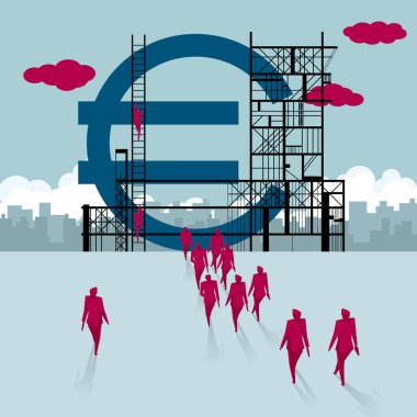 Bina sitesi, ekip çalışması kavramı. Bir grup iş adamı, Euro sembolüne doğru yürüdü.