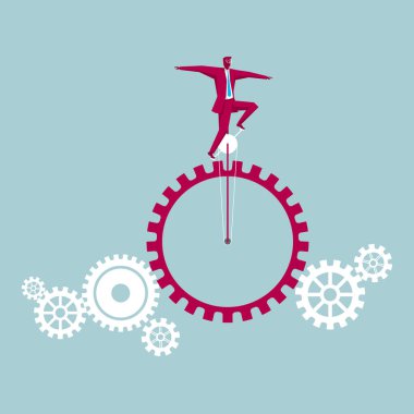 Dublör performansı, el arabası dişliler üzerinde çalışır. Mavi arka planda yalıtılmış.