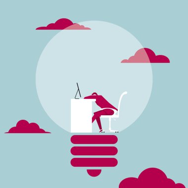 Yorgun ofis işçisi. Ampulün içinde uyuyarak. Arka plan mavi.