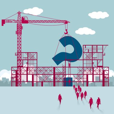 Construction question mark.A group of businessmen walked to the building site. clipart
