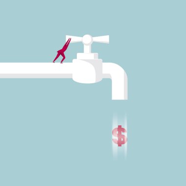 Su tasarrufu. İşadamı musluk kapanır. Üzerinde mavi arka plan izole.