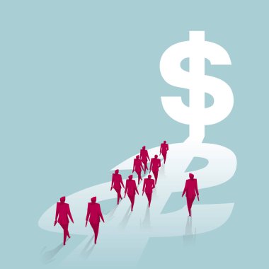 Bir grup insan dolar işaretine doğru yürüdü. Arka plan mavi.