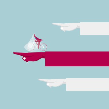 İşadamı kolundabisiklete biniyor. Mavi arka planda yalıtılmış.