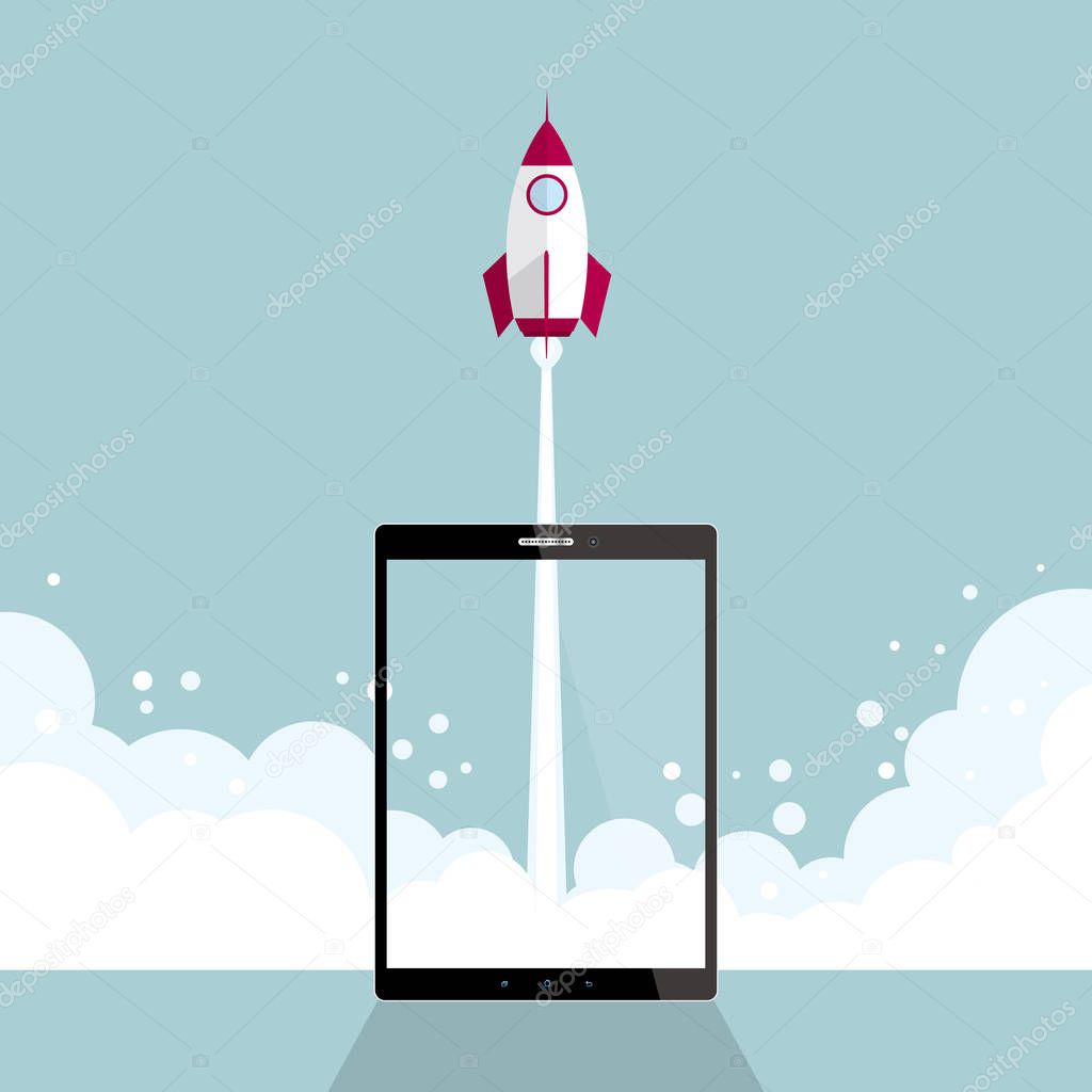 The rocket was launched on a tablet. Isolated on blue background.