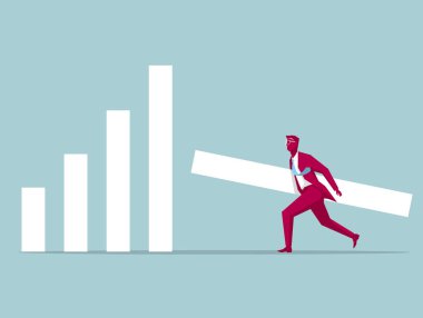 İstatistik taşıyan bir işadamı. Mavi arka planda yalıtılmış.