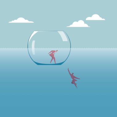 Takım konsept tasarımı. İşadamı akvaryuma atladı.