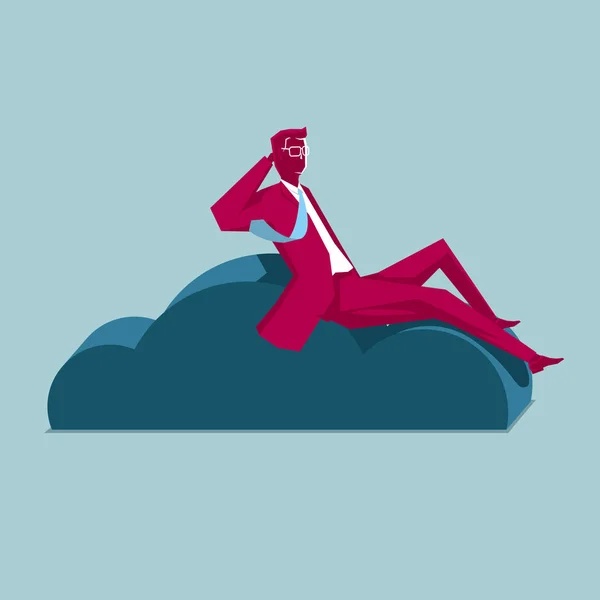 Empresario Descansando Sobre Símbolo Nube Fondo Azul — Vector de stock