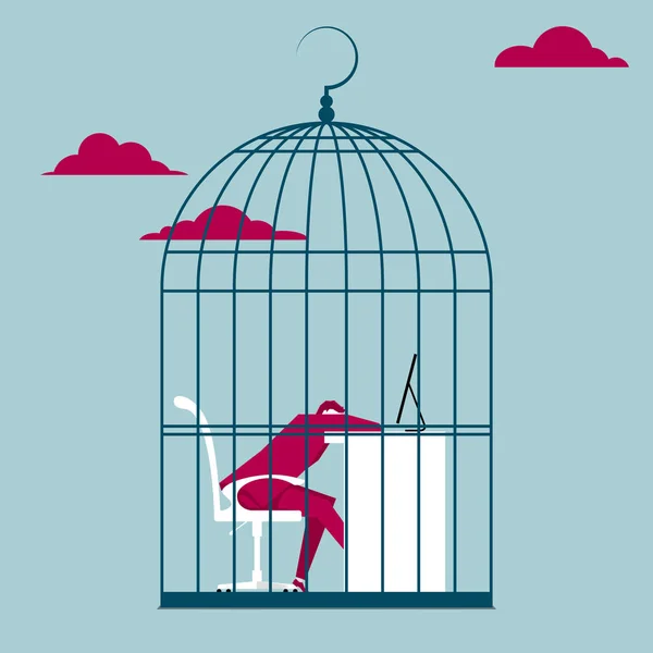 Zakenman Zat Gevangen Een Vogelkooi Geïsoleerd Blauwe Achtergrond — Stockvector