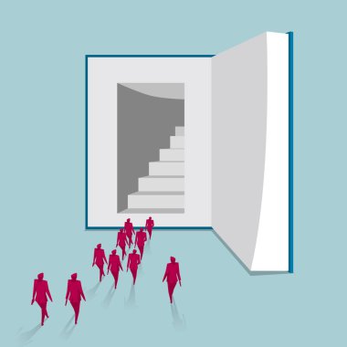 Bir grup insan kitaba girdi. Mavi arka planda yalıtılmış.