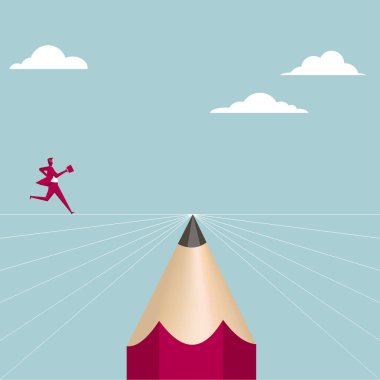 İş adamı kalemle koşar. Arka plan mavi.