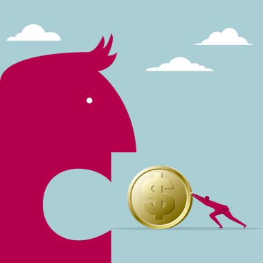 İşadamı dolara para ları ağzına iter. Mavi arka planda yalıtılmış.