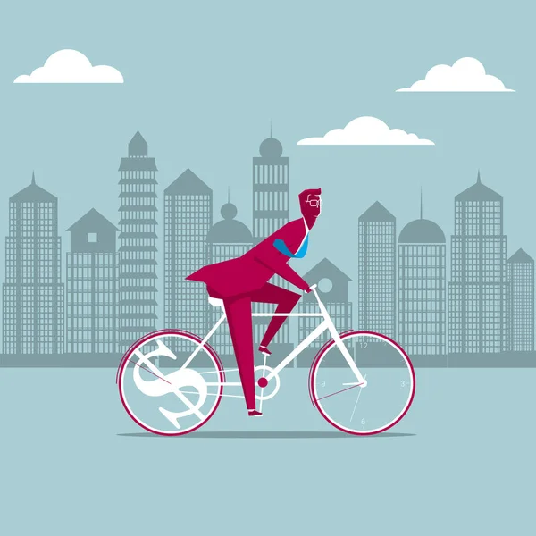Biznesmen Jeździ Rowerem Tłem Jest Budynek Miejski — Wektor stockowy