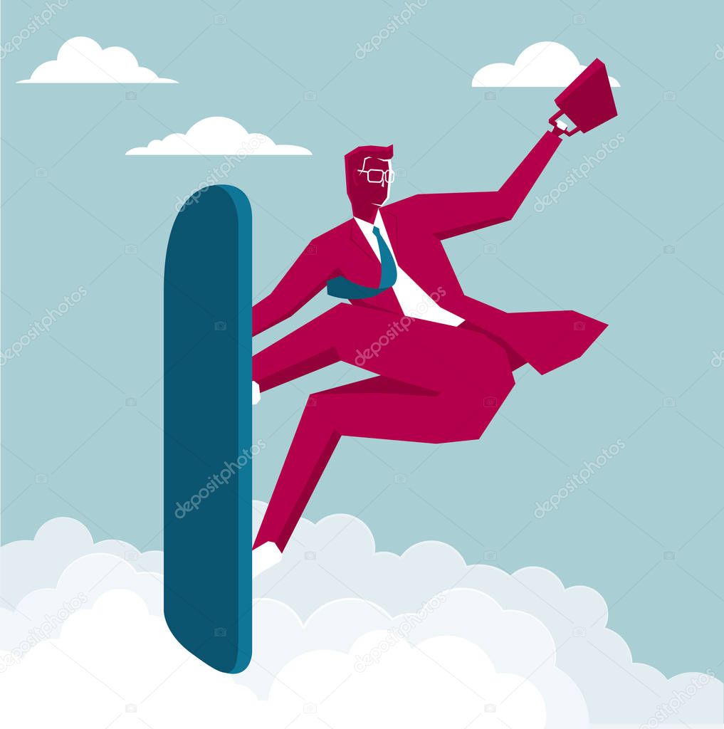 Businessman is surfing. Isolated on blue background.