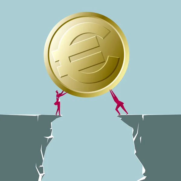 Dva Podnikatelé Drží Euromince Izolované Modrém Pozadí — Stockový vektor