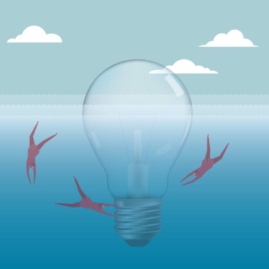 İşadamı dalış, ampul etrafında. Arka plan mavi.