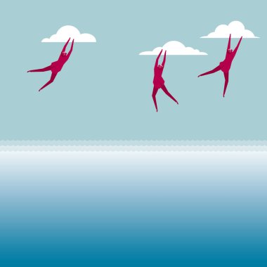 Üç işadamı bulutlarda asılı. Mavi arka planda yalıtılmış.