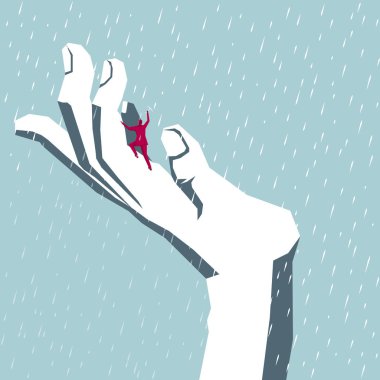  İşadamı eline tırmanıyor. Mavi arka planda yalıtılmış.