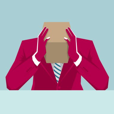 Kafası karışmış bir iş adamı. Sürrealizm. Mavi arka planda yalıtılmış.