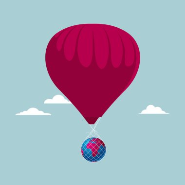 Sıcak hava balonları dünyayı taşır. Mavi arka planda yalıtılmış.