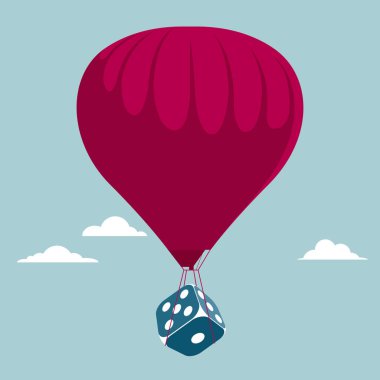 Bir sıcak hava balonu kullanarak zar taşıma. Mavi arka planda yalıtılmış.