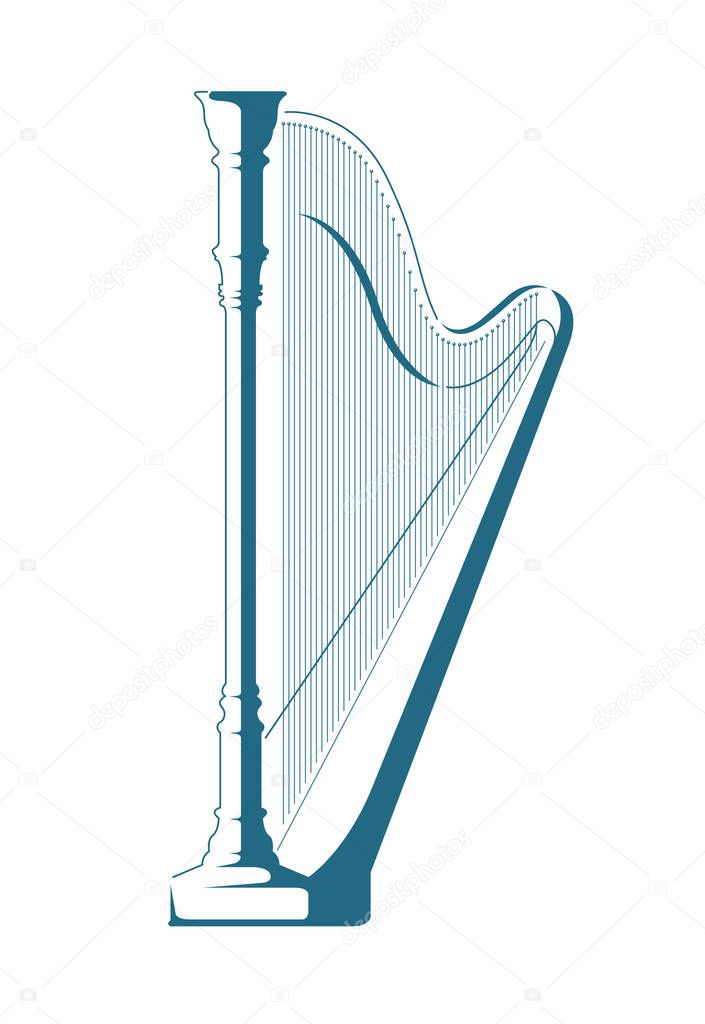 Vector drawn harp. Isolated on white background.