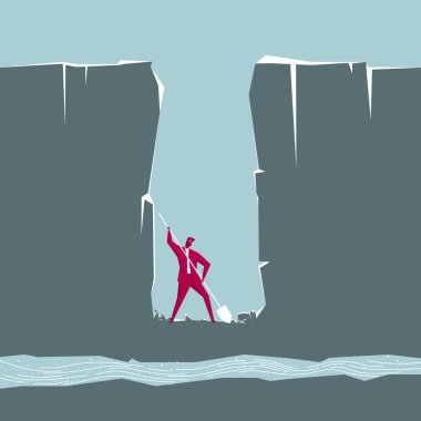 İşadamı sondaj ı saçıyor. Mavi arka planda yalıtılmış.