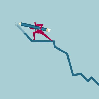 Bir grafik çizen işadamı. Mavi arka planda yalıtılmış.