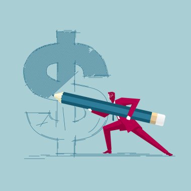 İşadamı dolar işareti çiziyor. Mavi arka planda yalıtılmış.