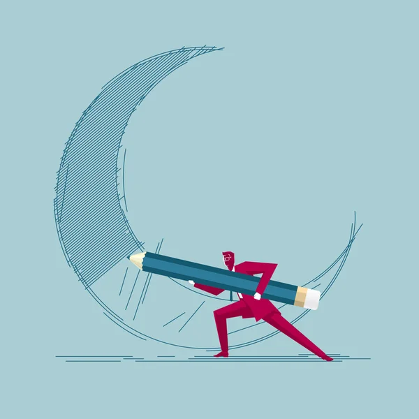 Hombre Negocios Dibuja Luna Aislado Sobre Fondo Azul — Vector de stock