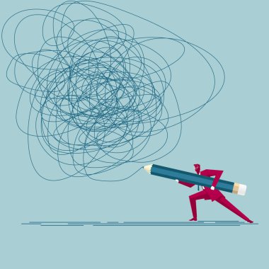 İşadamı soyut çizgiler çizer. Mavi arka planda yalıtılmış.