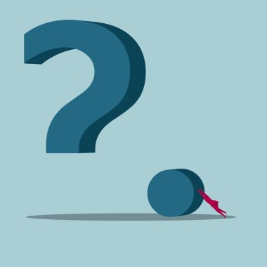 İşadamı büyük bir soru işareti zorluyor. Mavi arka planda yalıtılmış.