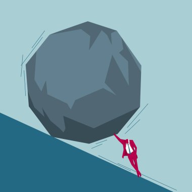 İşadamı tek eliyle büyük bir taşı destekliyor. Mavi arka planda yalıtılmış.