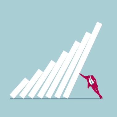 İşadamı grafiği tutuyor. Mavi arka planda yalıtılmış.