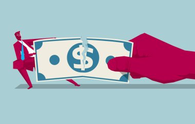 İşadamı dolar ları yırtıyor. Mavi arka planda yalıtılmış.