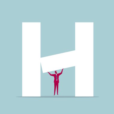 İşadamı ve alfabe tasarımı. Mavi arka planda yalıtılmış.