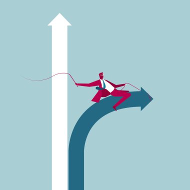 İşadamı binme ok sembolü. Mavi arka planda yalıtılmış.