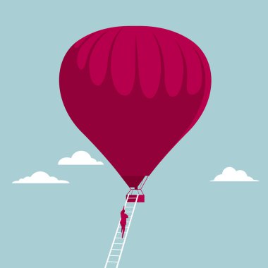 İşadamı merdiven kullanarak sıcak hava balonuna tırmanıyor. Mavi arka planda yalıtılmış.